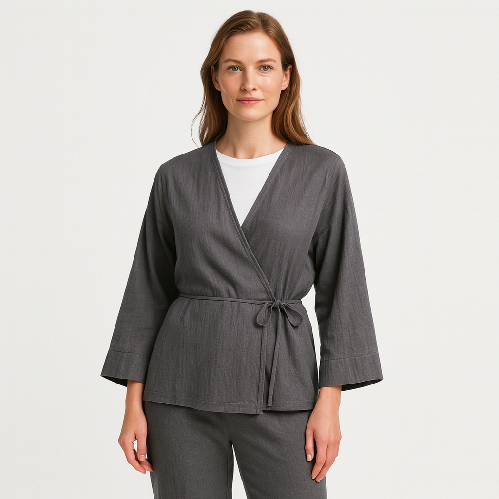 Norrskenberg | Dam Two-Piece Set i Linne - Kimono med Skärp & Vida byxor