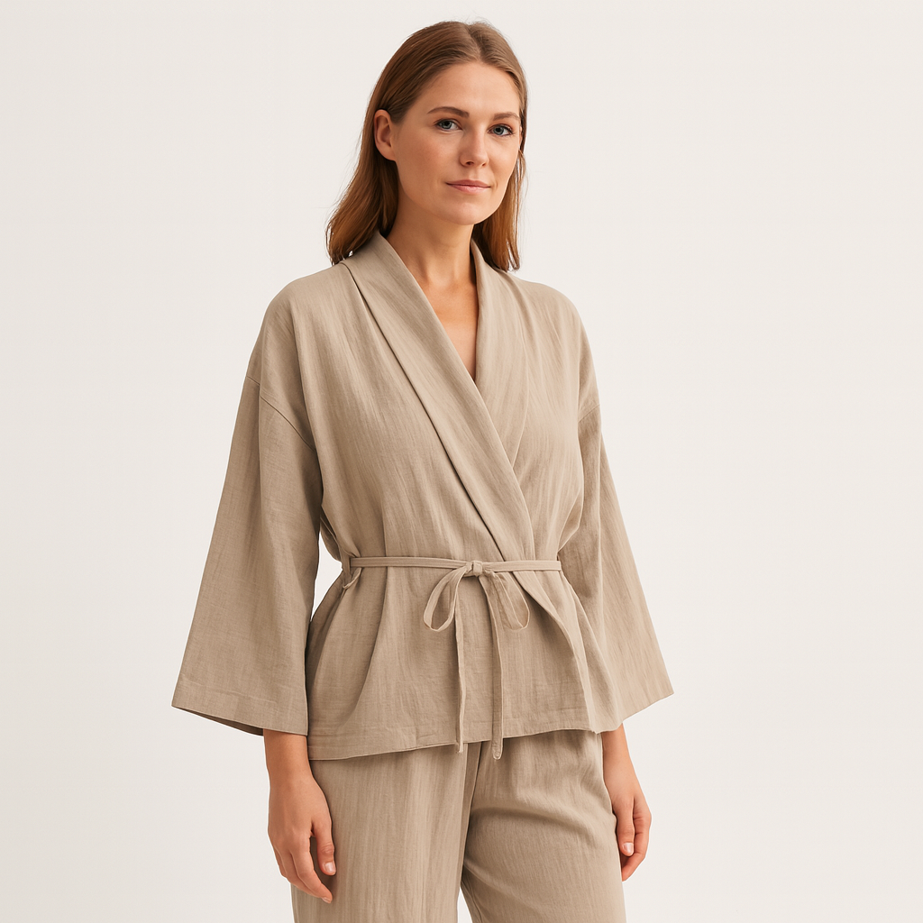 Norrskenberg | Dam Two-Piece Set i Linne - Kimono med Skärp & Vida byxor