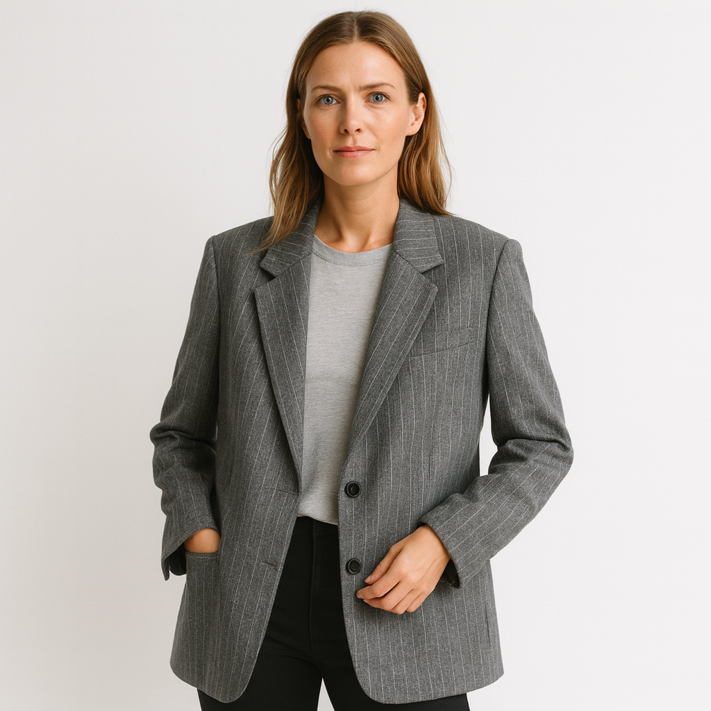 Norrskenberg | Dam Kritstrecksrandig Blazer – Enkelknäppt, Hackslag & Fodrad