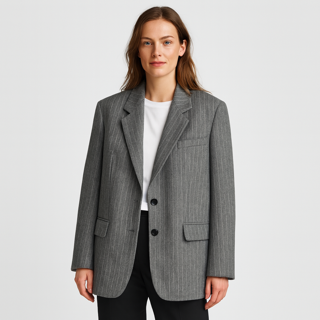 Norrskenberg | Dam Kritstrecksrandig Blazer – Enkelknäppt, Hackslag & Fodrad