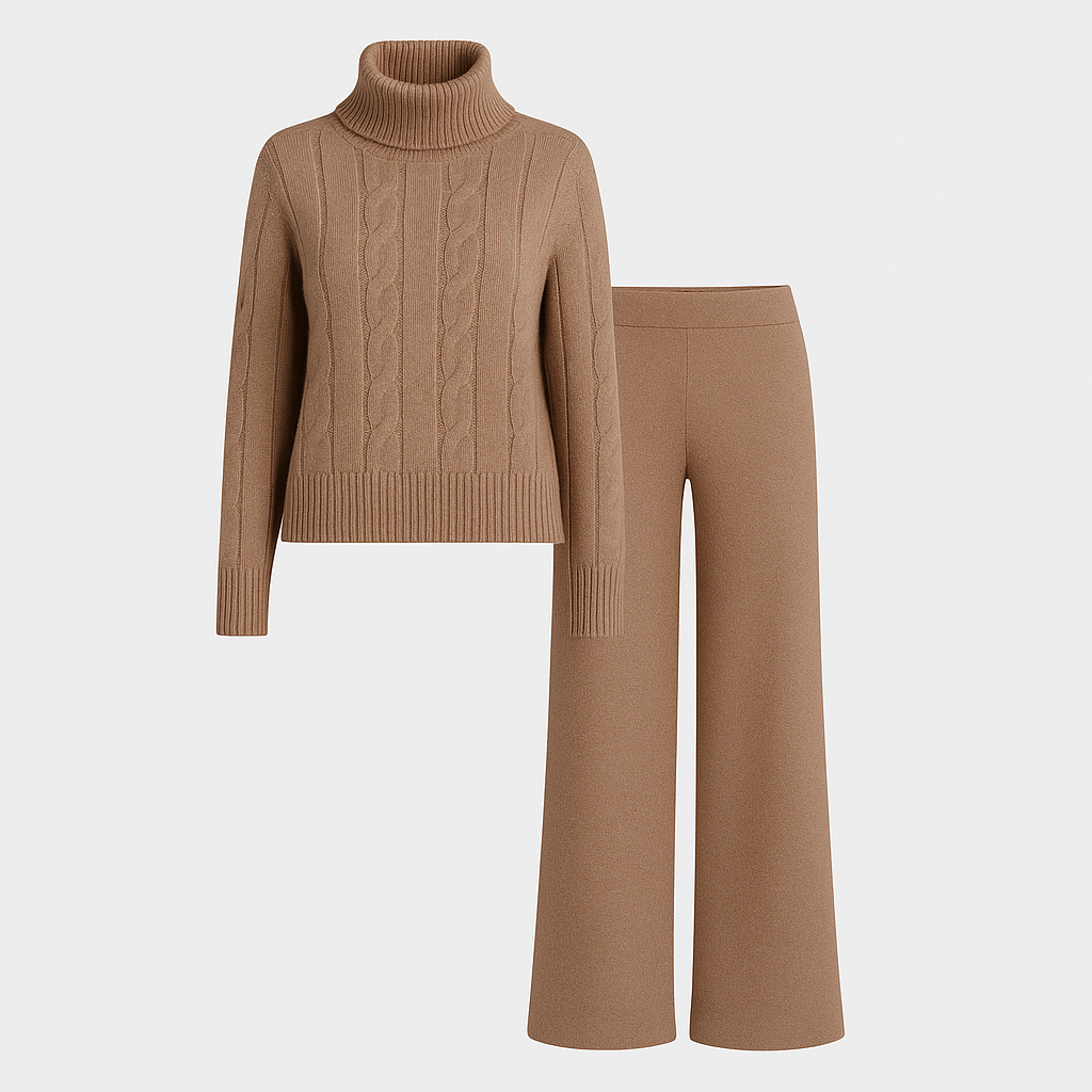 Norrskenberg | Casual Merino Stickad Lounge Set - Roll Neck Tröja med Joggingbyxor