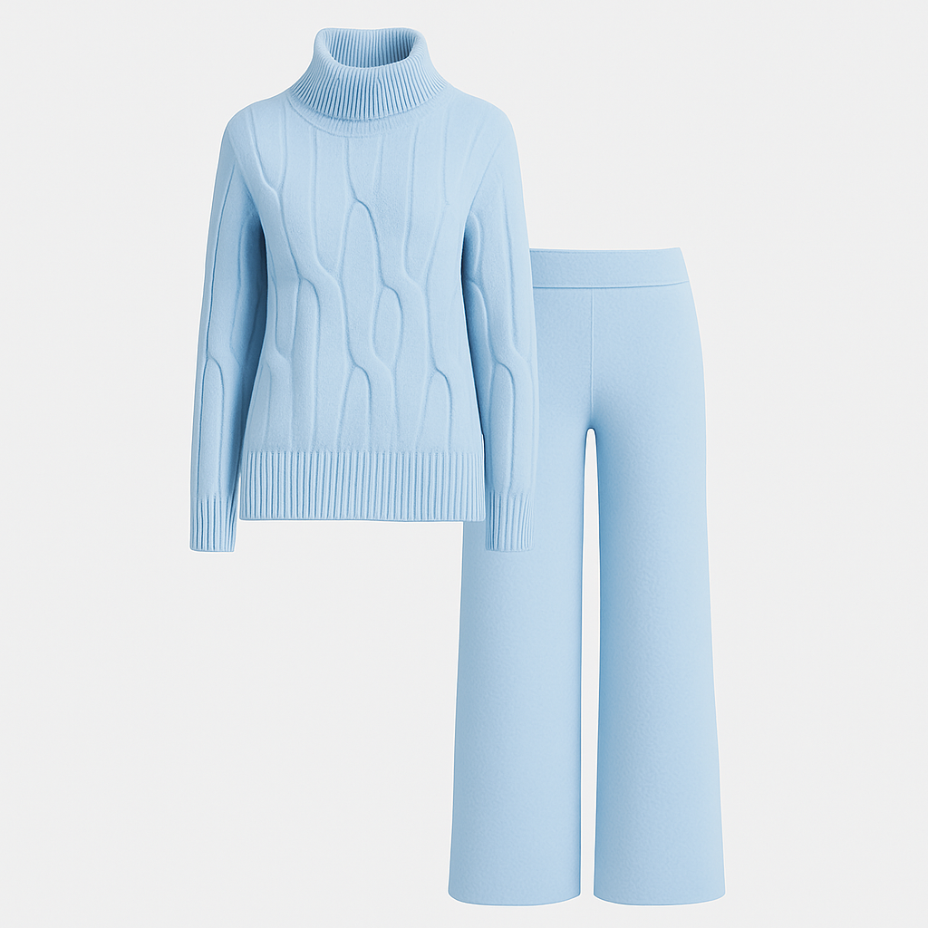 Norrskenberg | Casual Merino Stickad Lounge Set - Roll Neck Tröja med Joggingbyxor