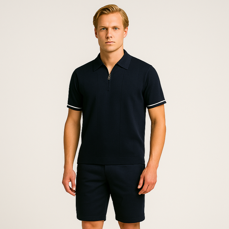 Norrskenberg | Herrpolo i Bomull - Piqué T-shirt med Kvarts Dragkedja