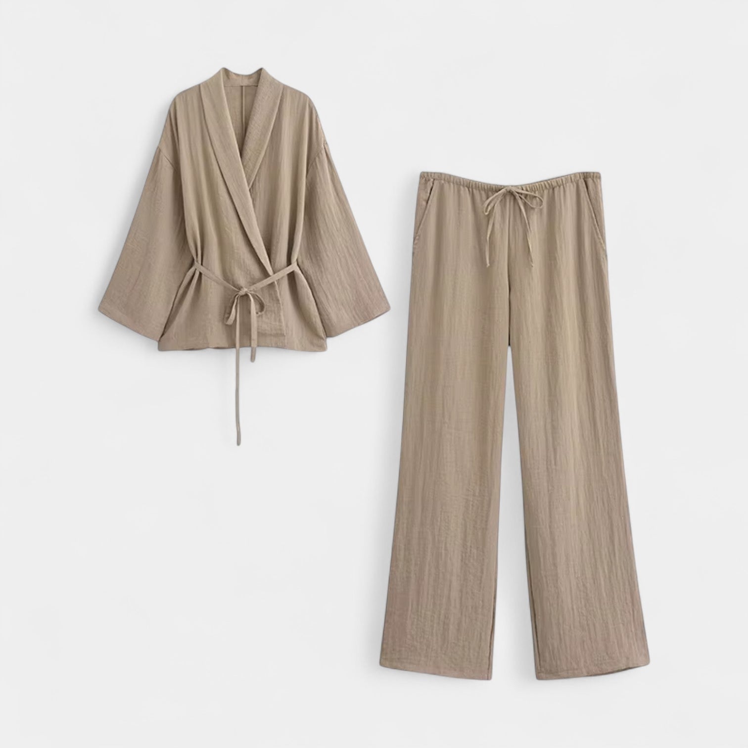 Norrskenberg | Dam Two-Piece Set i Linne - Kimono med Skärp & Vida byxor