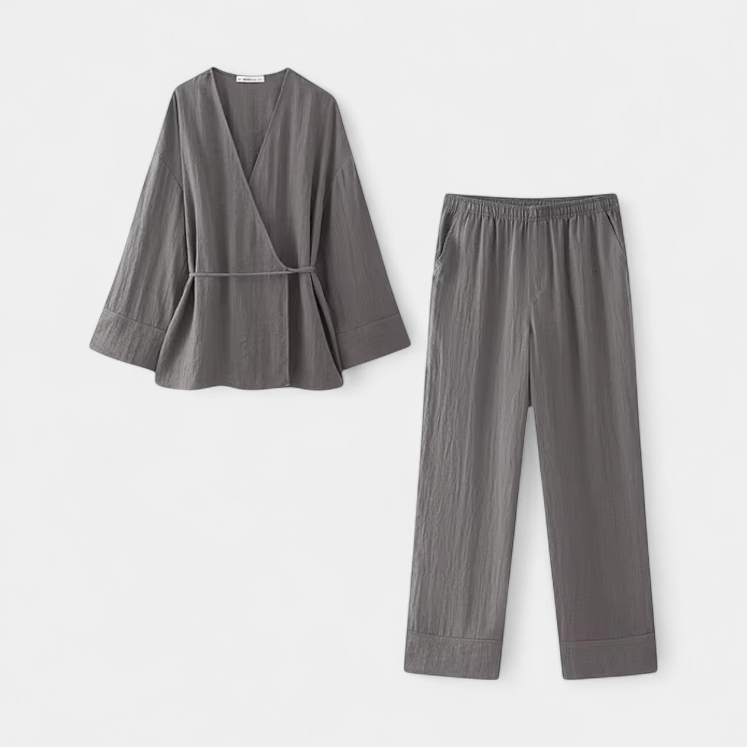 Norrskenberg | Dam Two-Piece Set i Linne - Kimono med Skärp & Vida byxor